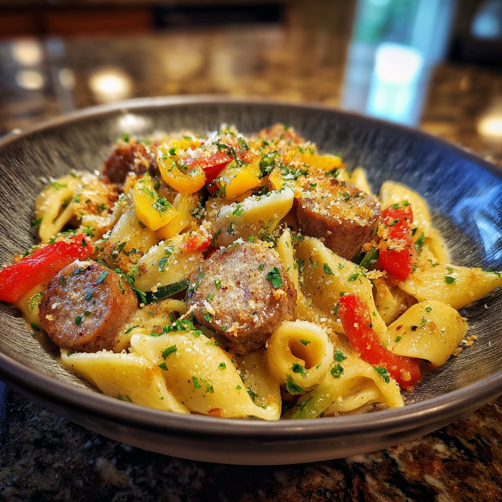 One Pot Creamy Cajun Sausage Pasta with Garlic Bread Crumbs
