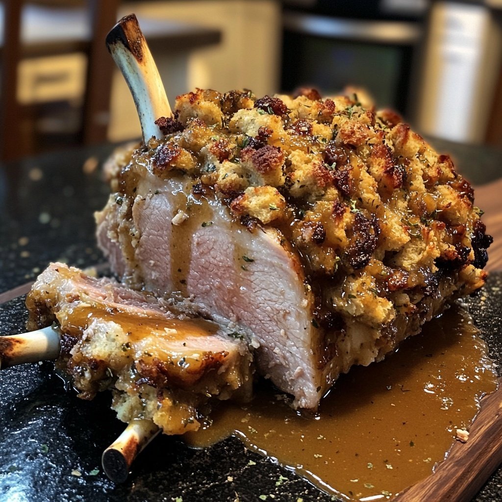 Stuffed Rack of Pork with Cider Gravy